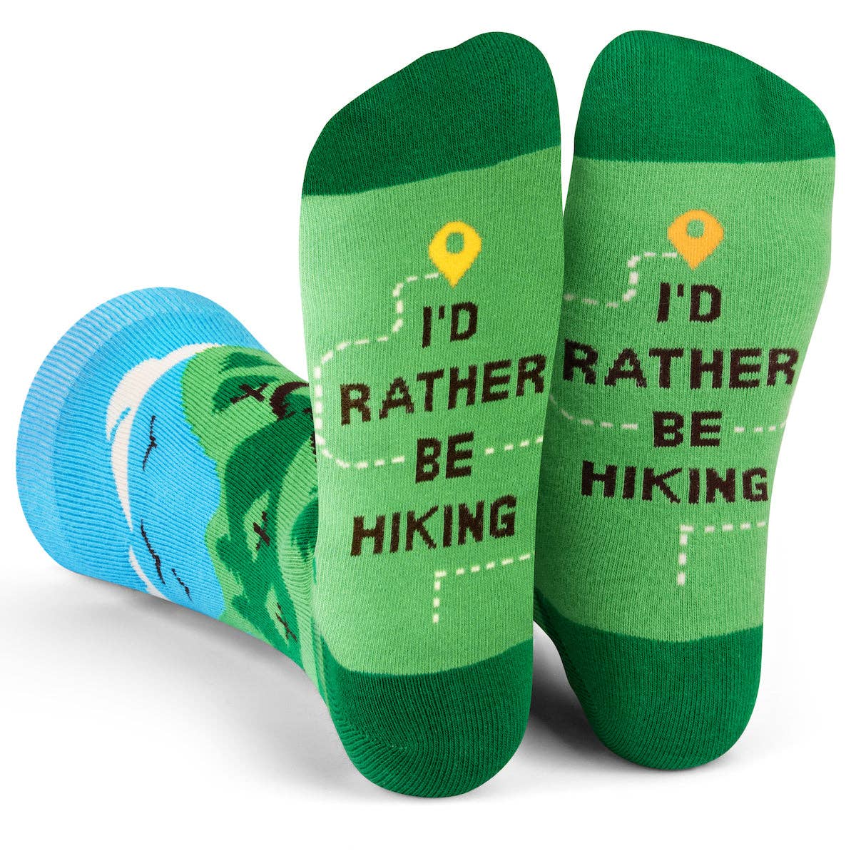 Pair of green hiking socks with "I'd Rather Be Hiking" text and a scenic outdoor design