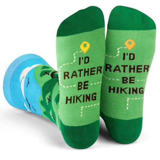 Pair of green hiking socks with "I'd Rather Be Hiking" text and a scenic outdoor design