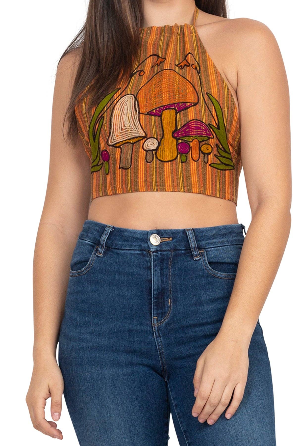 Mushroom Embroidery Halter Top - Loose Silhouette