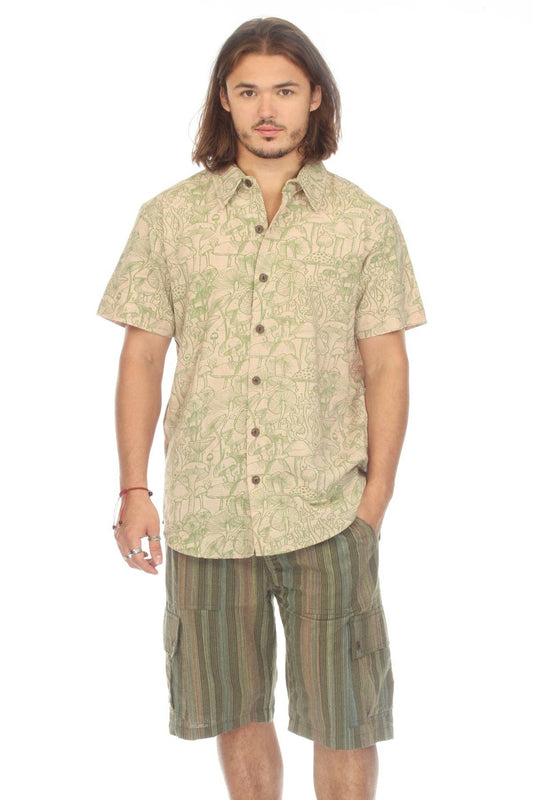 Men's mushroom button down shirt in 100% cotton with short sleeves and mushroom print, made in Nepal
