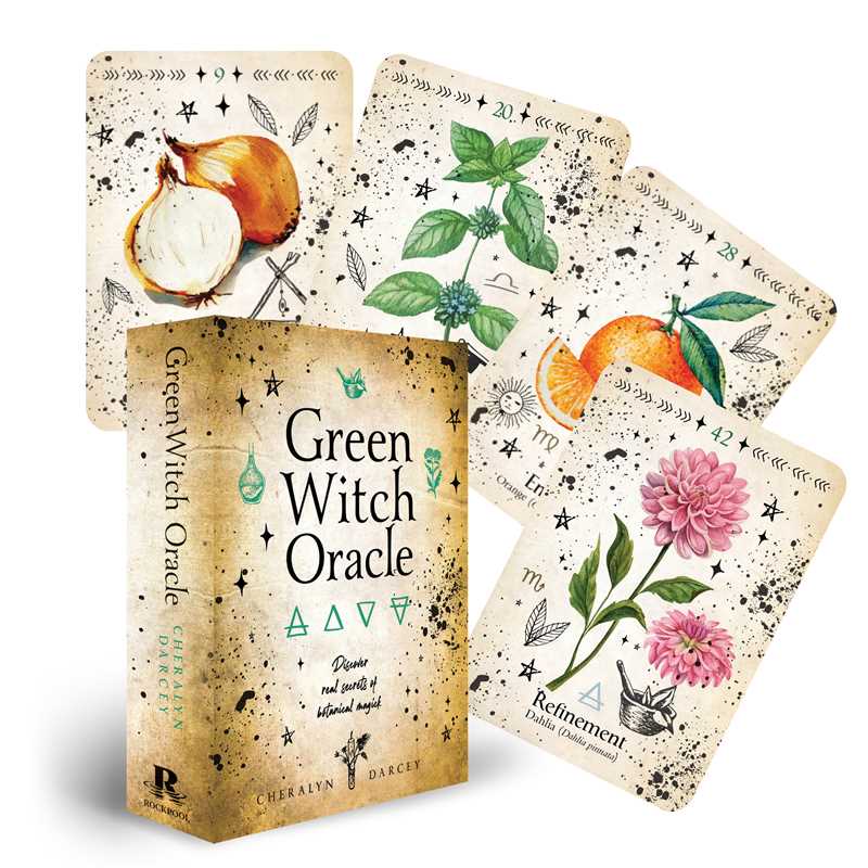 Green Witch Oracle Cards by Cheralyn Darcey featuring illustrated herb and plant designs with occult symbols and guidebook for garden magick and healing