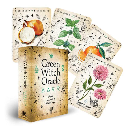 Green Witch Oracle Cards by Cheralyn Darcey featuring illustrated herb and plant designs with occult symbols and guidebook for garden magick and healing