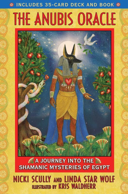 Anubis Oracle deck cover featuring Egyptian deity Anubis with vibrant shamanic artwork by Kris Waldherr and symbolic nature elements