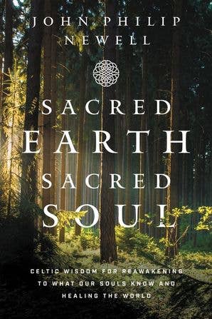 Book cover of Sacred Earth Sacred Soul by John Philip Newell featuring a forest scene with sunlight filtering through trees and Celtic-inspired design elements