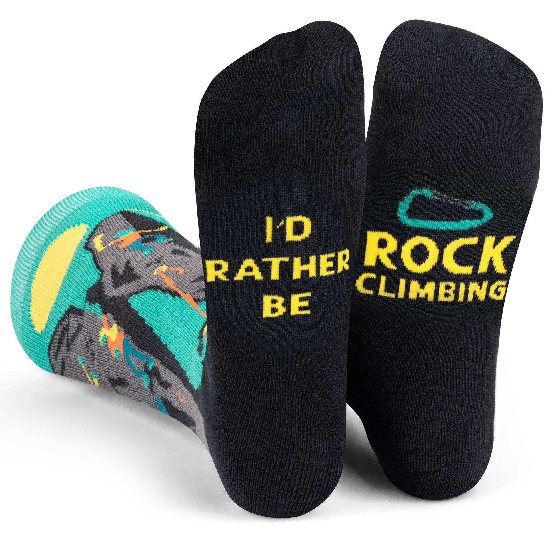 Black rock climbing socks featuring "I'd Rather Be Rock Climbing" text and colorful climbing design