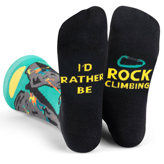 Black rock climbing socks featuring "I'd Rather Be Rock Climbing" text and colorful climbing design