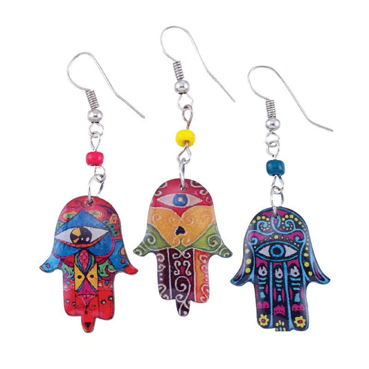 Set of colorful hand-crafted Hamsa Earrings with intricate global-inspired designs and dangle style hooks