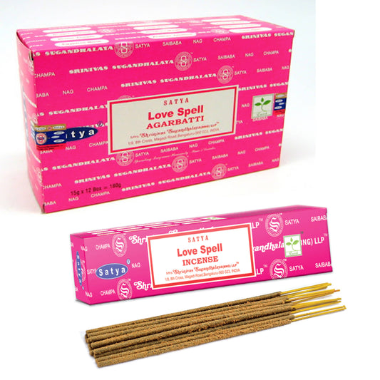 Satya Love Spell Nag Champa incense sticks box and hand-rolled sticks for meditation and relaxation