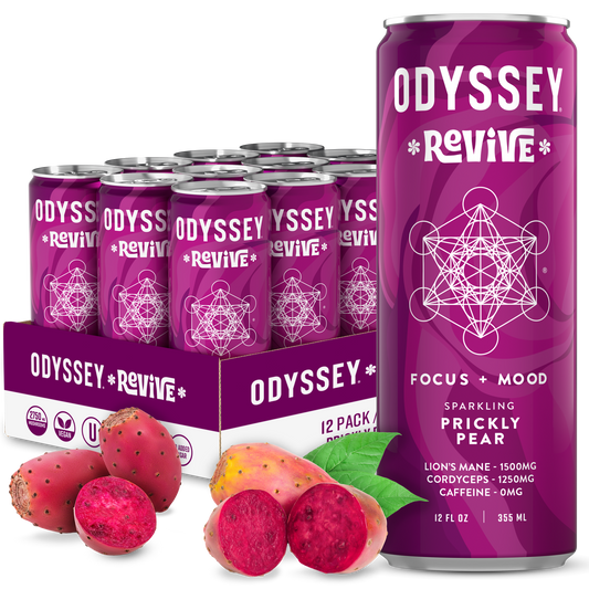 Prickly Pear Revive Sparkling Mushroom Hydration drink in purple can with prickly pear fruit and 12-pack box