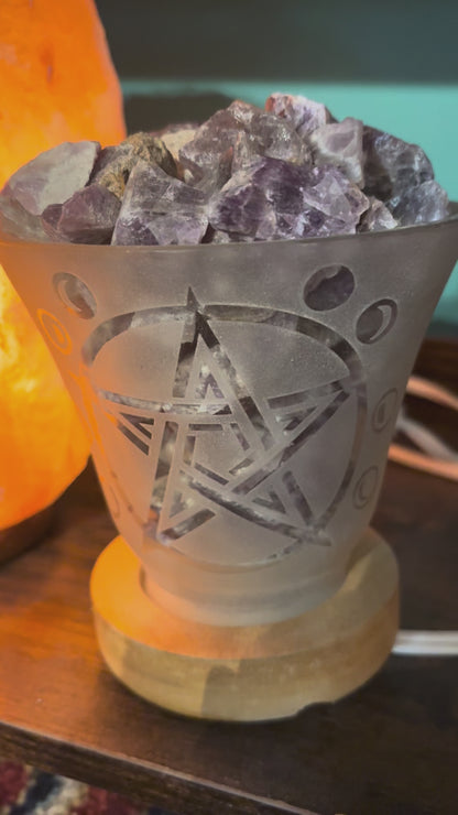 Amethyst Crystal Lamp – Frosted Glass with Pentacle &amp; Moon Cycle Design