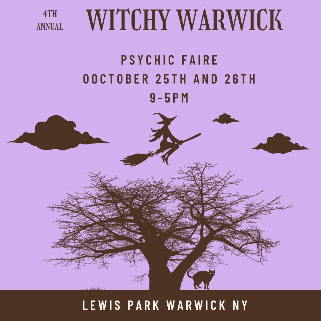Witchy Warwick 2025 vendor fee psychic faire event October 25-26 outdoor Lewis Park Warwick NY with witch silhouette flying over tree and cat on purple background