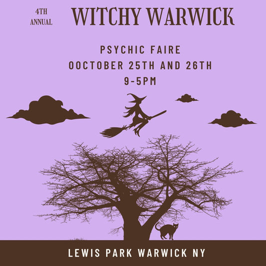 Witchy Warwick 2025 vendor fee psychic faire event October 25-26 outdoor Lewis Park Warwick NY with witch silhouette flying over tree and cat on purple background
