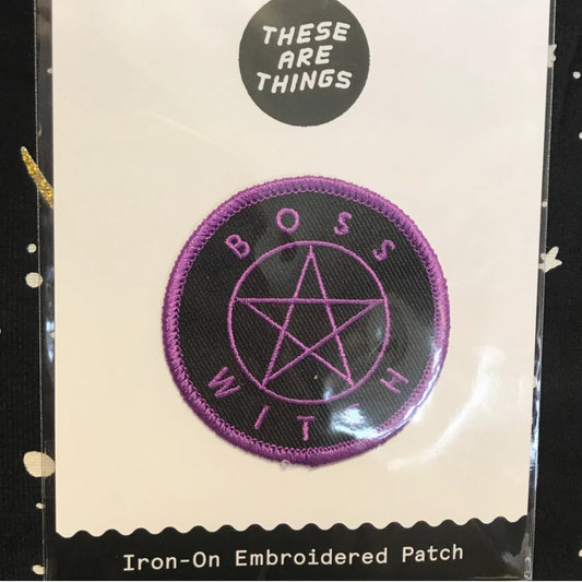 Boss Witch Iron on patch with purple pentagram embroidery on black background