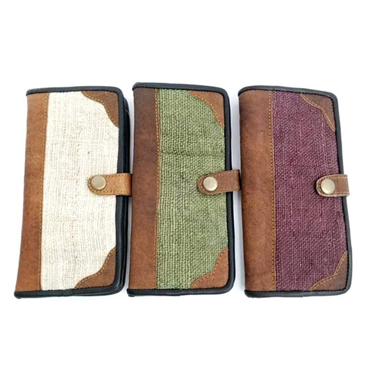 Hemp leather wallets in assorted colors with button closure and durable stitching