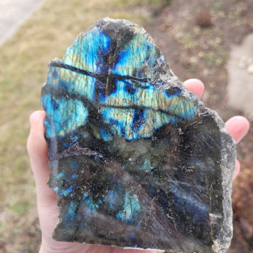 Half polished labradorite stone showing vibrant blue and green iridescence held outdoors