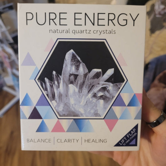 Pure Energy Clear Quartz Set box featuring natural clear quartz crystals for balance, clarity, and healing.
