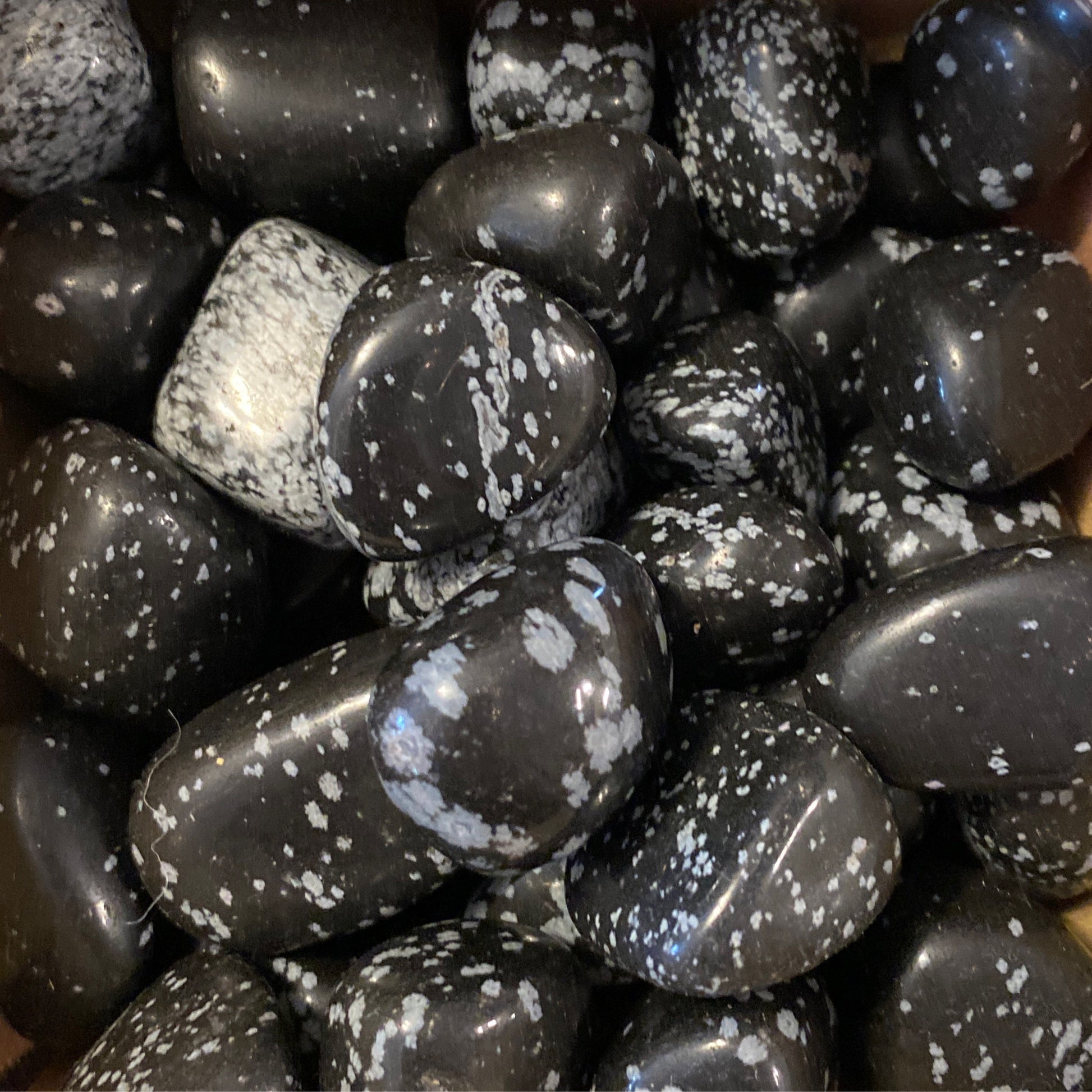 Close-up of polished black and white snowflake obsidian tumbles with distinctive speckled patterns for grounding and balance.