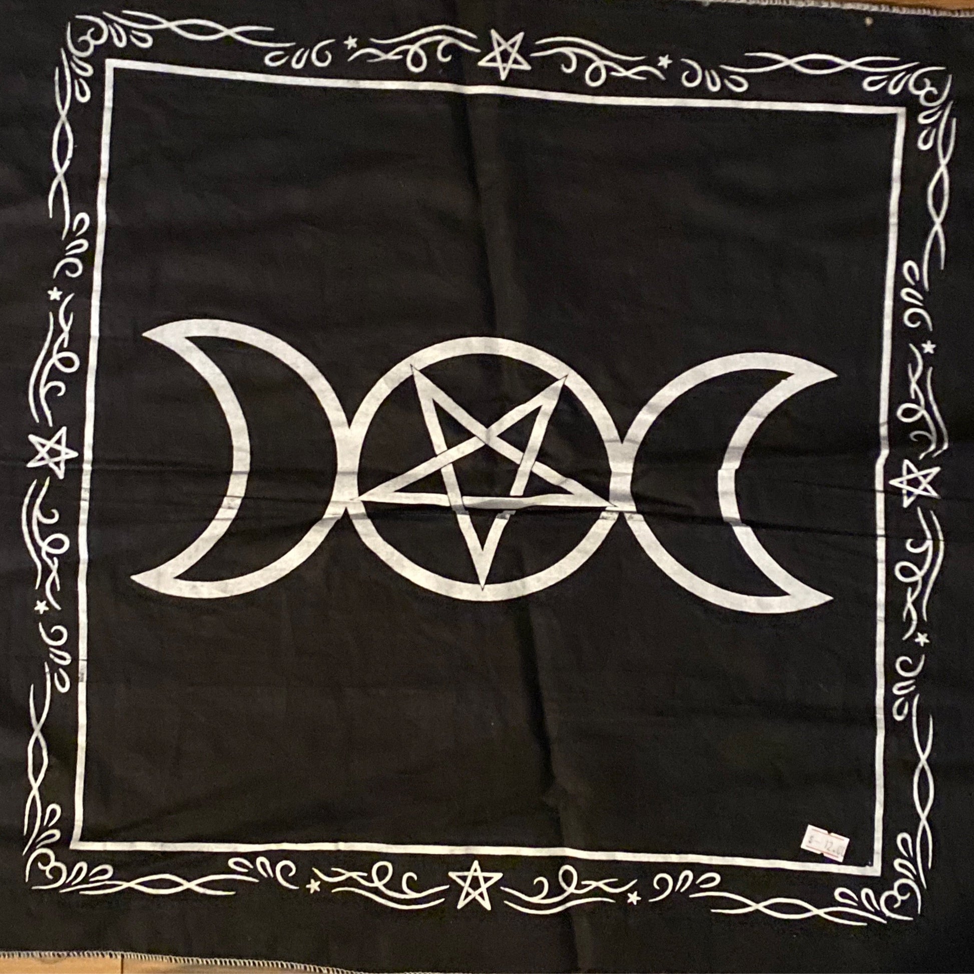 Black Triple Moon altar cloth 20x20 inches with white crescent moons, pentacle, and decorative border design