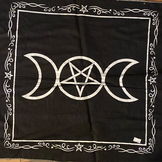 Black Triple Moon altar cloth 20x20 inches with white crescent moons, pentacle, and decorative border design