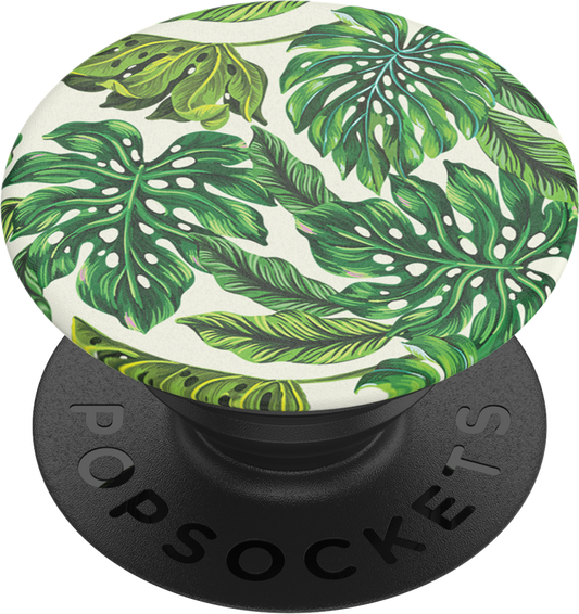 PopSocket with Monstera Deliciosa leaf design, expandable phone grip and stand, wireless charging compatible