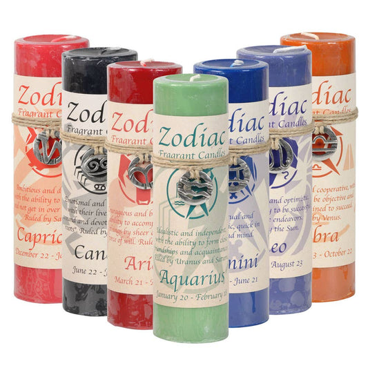 Set of 6-inch Zodiac Pendant Candles in assorted colors with zodiac signs and charms