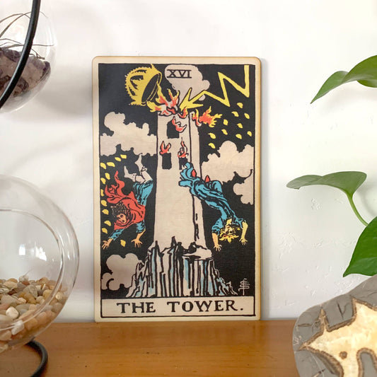 Tower Full Color Wood Wall Art featuring The Tower tarot card on baltic birch plywood with hanging backing