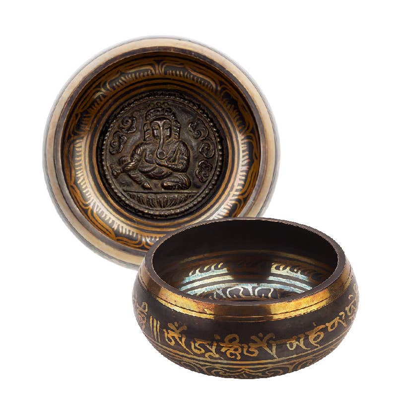 Small Ganesh Singing Bowl 4.5 inch with engraved Ganesh design and decorative script around the rim