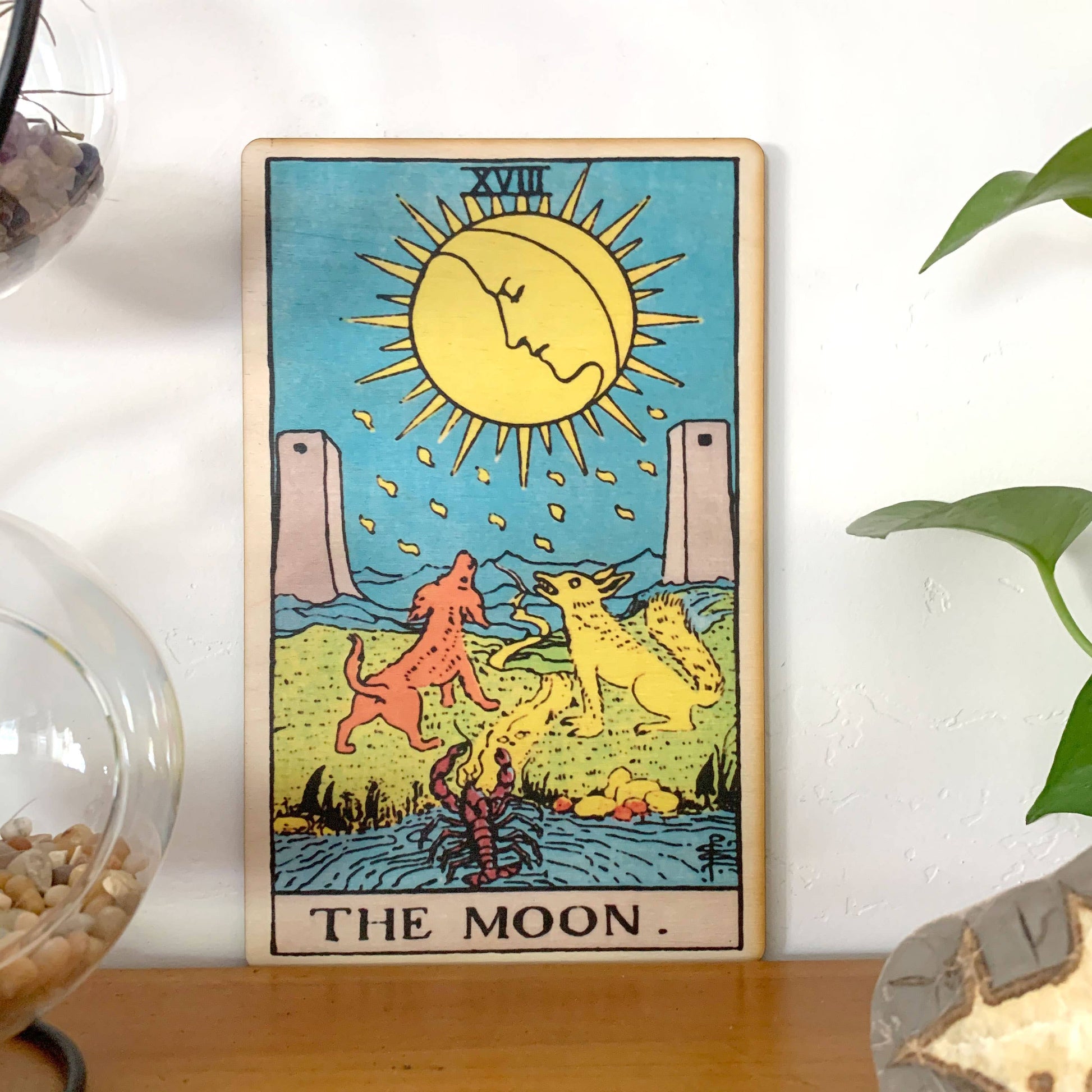 Full-color Moon tarot card wood wall art on baltic birch plywood with hanging backing