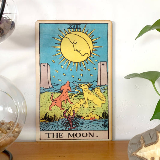 Full-color Moon tarot card wood wall art on baltic birch plywood with hanging backing