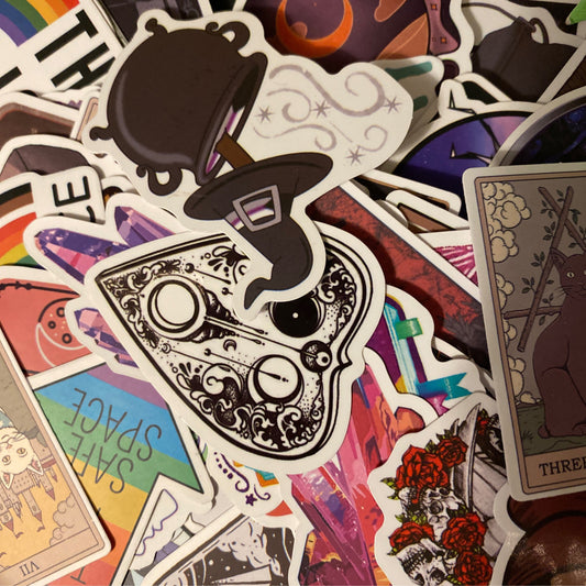 $3 Sticker with various colorful and artistic designs including tarot cards, roses, and vintage steam elements stacked together