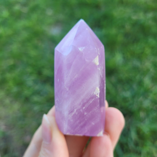 Close-up of a hand holding a polished purple Kunzite Point crystal against green foliage background