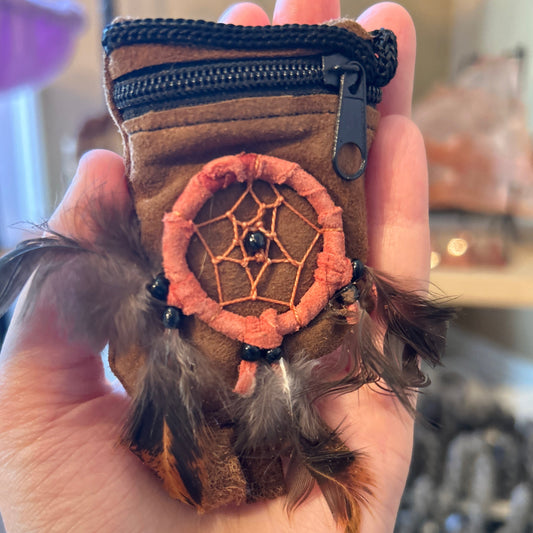 Handheld Dream Catcher Mojo Bag with feathers, beads, and zipper pouch for positive energy and protection.