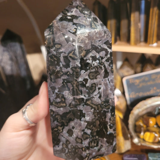 Hand holding a polished Merlinite tower crystal with black and gray pattern details, Merlinite Towers gemstone display in the background