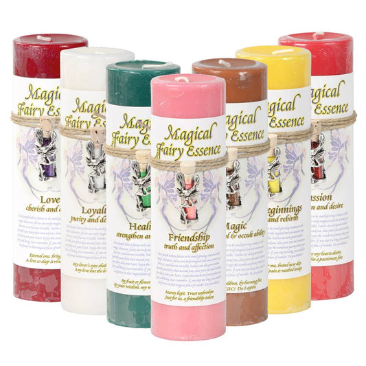 Set of colorful 6-inch fairy pendant candles labeled Magical Fairy Essence with various themes like love, loyalty, healing, friendship, magic, beginnings, and passion