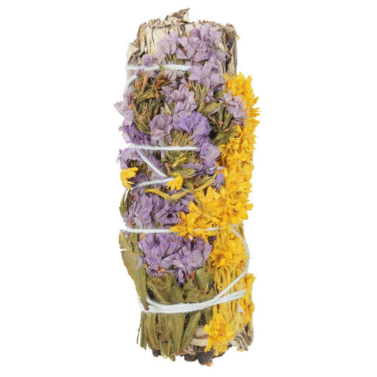 4 inch Yerba Santa and Mullein Wolf Spirit herbal smudge stick with purple and yellow flowers wrapped in white string