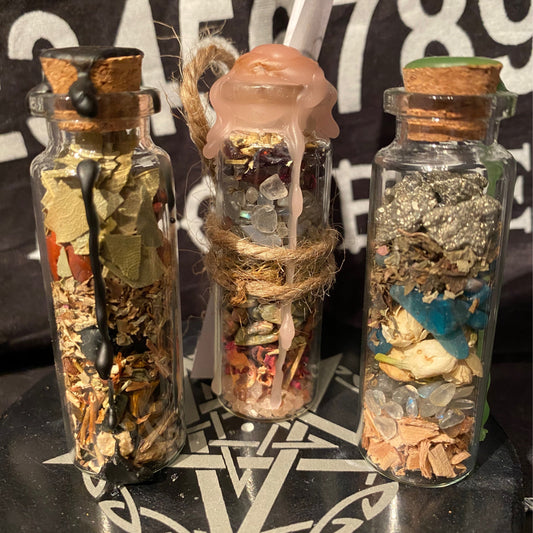 Pre-Made Spell Jars with sealed herbs, crystals, and wax for everyday magical use