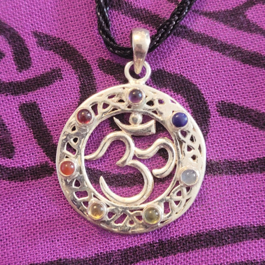 7 Chakra Om Pendant with seven colorful crystals and Om symbol on silver round pendant