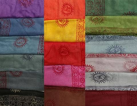 Om Mantra Printed Scarves in assorted colors made of lightweight rayon with sun and Om symbols, perfect for draping or shawls