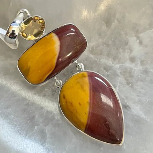 Citrine pendant with polished Mookaite stones set in silver for positive energy and balance