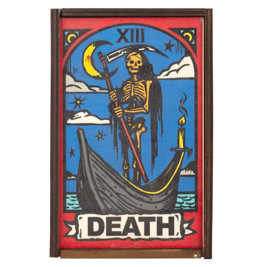 Wooden box featuring Death tarot card design, 3.75 x 6 x 2.75 inches, slight imperfections