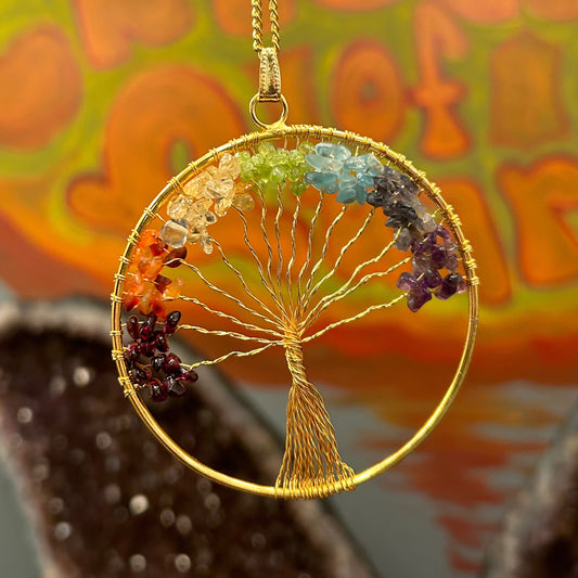 Golden Chakra Hanging necklace featuring a crystal chakra tree of life pendant with vibrant stones and intricate wire design