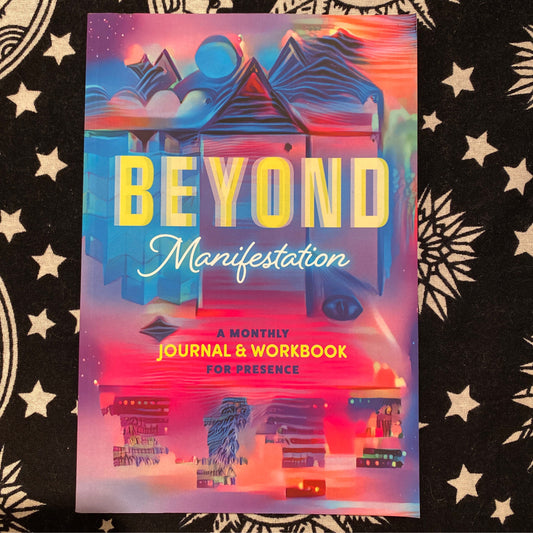 Beyond Manifestation Journal cover with vibrant abstract mountain and sky design, monthly journal and workbook for presence, manifestation journal