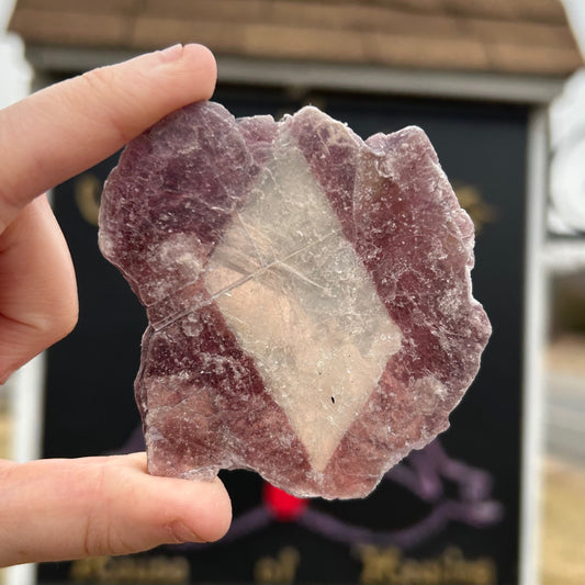 Hand holding a slab bicolor lepidolite with purple and white shades against a blurred outdoor background