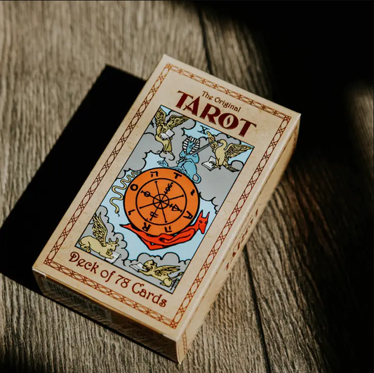 Original Tarot deck box featuring vintage 1909 Pamela Colman Smith design with vivid colors on thick linen-finish cards
