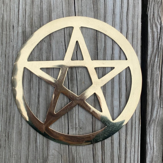 Golden Pentacle Grid metal symbol on wooden background