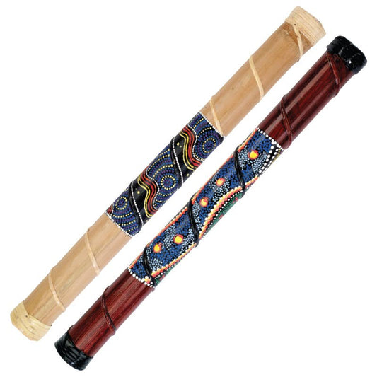 Two 23-inch bamboo rainsticks in assorted colors with decorative patterns