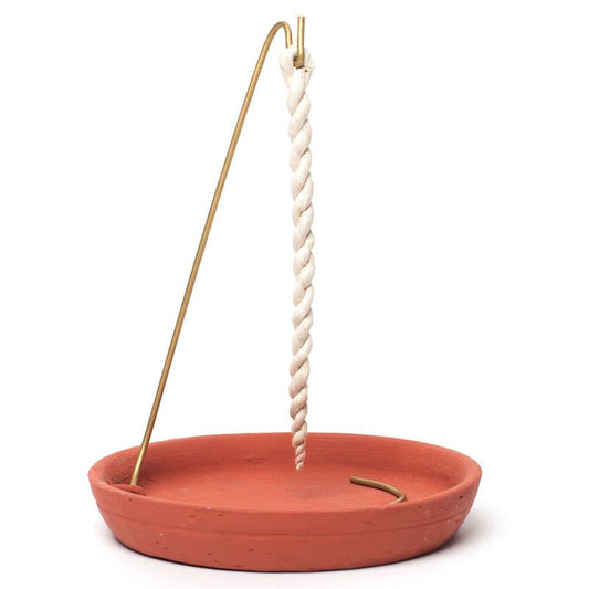 Rope incense burner with terracotta base and brass holder hanging white braided rope incense holder