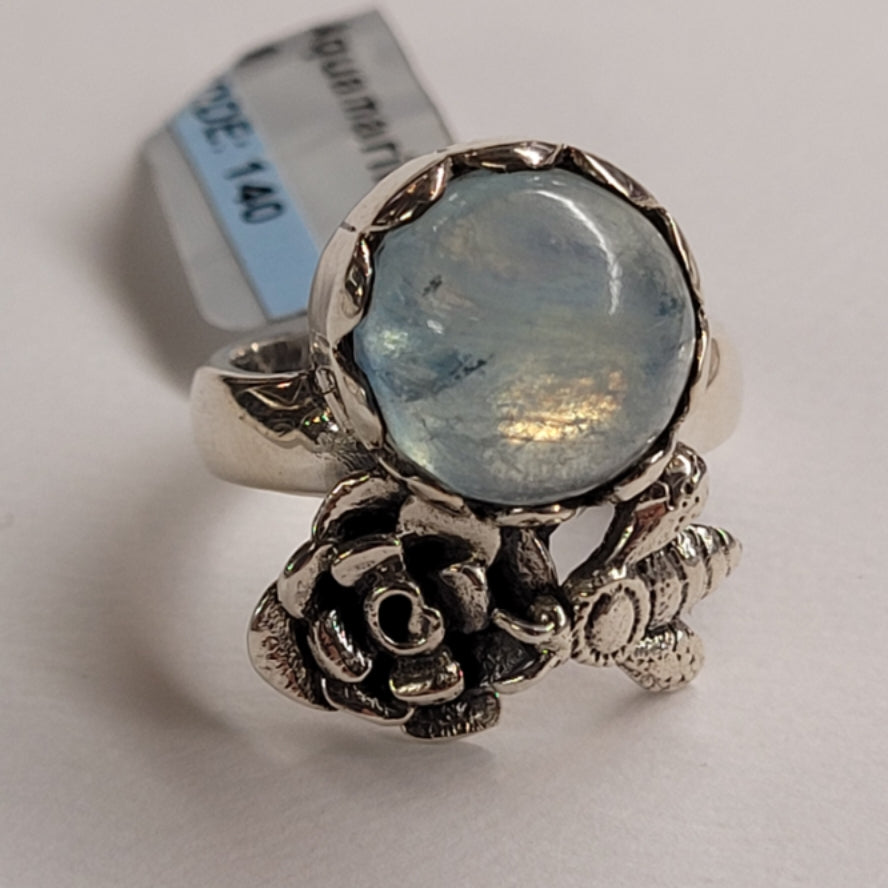 Ring Aquamarine Bee with silver flower and bee design, size 8
