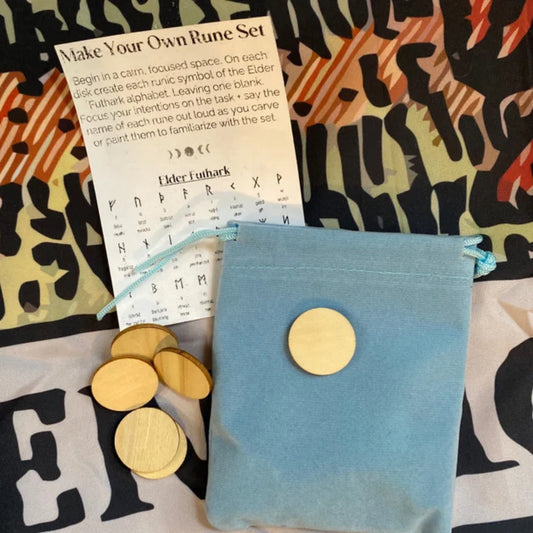 DIY rune kit with wooden disks, instruction sheet, and blue velvet pouch for Elder Futhark runes