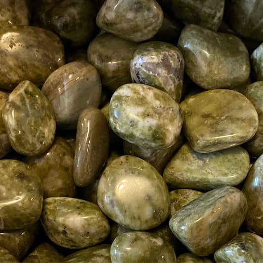 polished green Epidote tumble stones for energy, perception, and spiritual growth